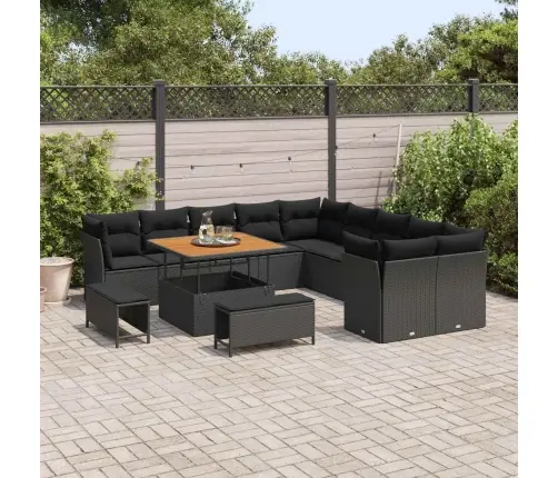 13 Daļu Dārza Dīvānu Komplekts Ar Spilveniem Melnā Poliratanā, Akācijas Koks Vidaxl