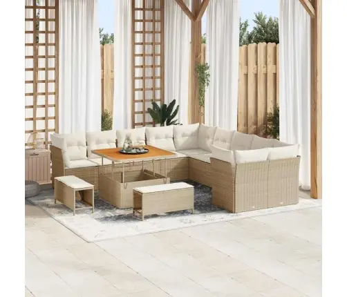 13 Daļu Dārza Dīvānu Komplekts Ar Spilveniem, Bēšs Polirattans, Akācija Vidaxl