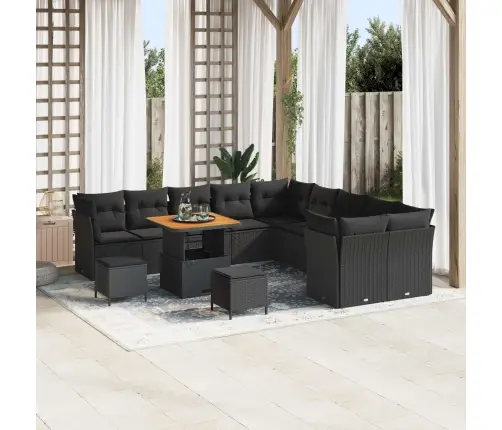 13 Daļu Dārza Dīvānu Komplekts Ar Spilveniem Melnā Poliratanā Un Akācijas Koka Detaļām. Vidaxl