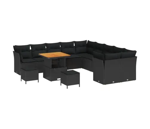 13 Daļu Dārza Dīvānu Komplekts Ar Spilveniem Melnā Poliratanā Un Akācijas Koka Detaļām. Vidaxl