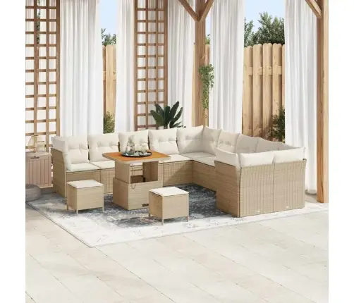 13 Daļu Dārza Dīvānu Komplekts Ar Spilveniem Bēšā Krāsā No Poliratanā Un Akācijas Koka. Vidaxl