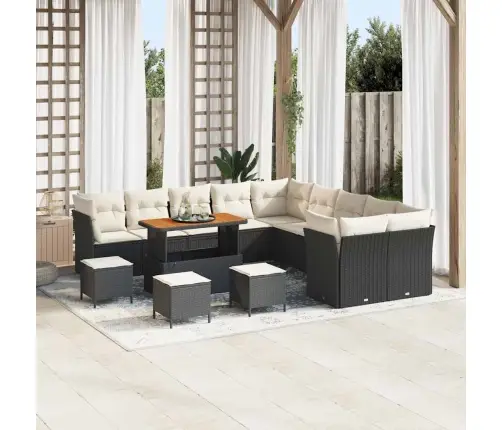 14 Daļīgais Dārza Dīvānu Komplekts Ar Spilveniem, Melnā Polirattanā, Akācija Vidaxl