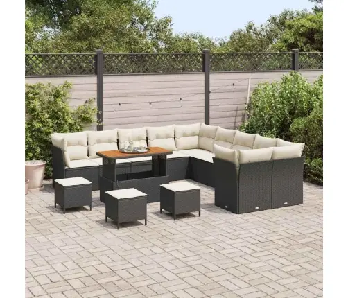 14 Daļīgais Dārza Dīvānu Komplekts Ar Spilveniem, Melnā Polirattanā, Akācija Vidaxl