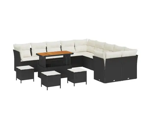 14 Daļīgais Dārza Dīvānu Komplekts Ar Spilveniem, Melnā Polirattanā, Akācija Vidaxl