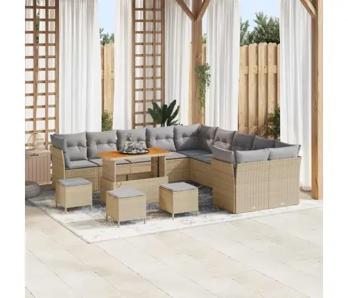 14 Daļu Dārza Dīvānu Komplekts Ar Spilveniem Bēšā Polirattanā Vidaxl