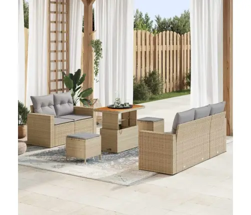 8 Gabalu Dārza Dīvānu Komplekts Ar Bēša Polirotanglu Un Akāciju Spilveniem Vidaxl