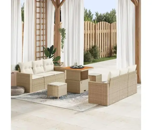 9 Daļu Dārza Dīvānu Komplekts Ar Bēšiem Spilveniem Polyratānā Un Akācijā Vidaxl