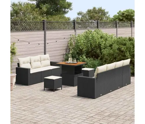 10 Daļu Dārza Dīvānu Komplekts Ar Spilveniem, Melns Polyratans, Akācija Vidaxl