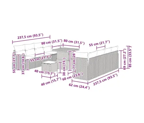 11 Daļu Dārza Dīvānu Komplekts Ar Bēšiem Spilveniem, Izgatavots No Poliratan Un Akācijas Vidaxl