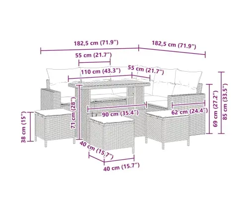 9 Daļu Dārza Dīvānu Komplekts Ar Spilveniem Pelēkā Poliratanā Un Akācijā Vidaxl
