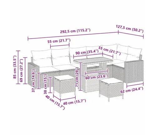 Sodo Sofų Rinkinys 9 Pcs Pilka Poliratanas