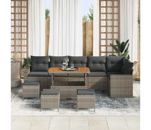 10 Daļīga Dārza Dīvāna Komplekts Ar Spilveniem Pelēkā Poliratānā Akāciju. Vidaxl