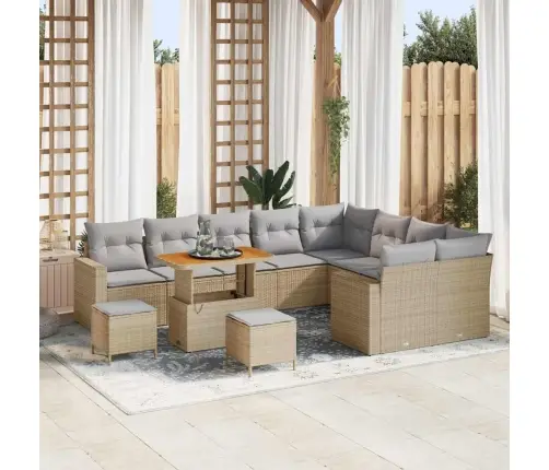 12 Daļu Dārza Dīvānu Komplekts Ar Spilveniem - Bēšs Polirattan Un Akācija. Vidaxl