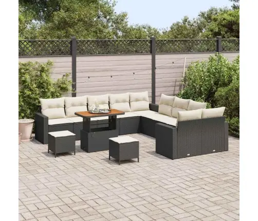 13 Daļu Dārza Dīvāna Komplekts Ar Spilveniem Melnā Polirotanā Un Akācijā Vidaxl