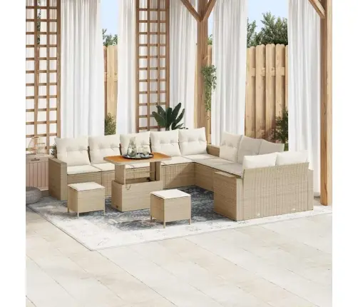 13 Gabalu Dārza Dīvānu Komplekts Ar Bēšiem Spilveniem, No Poli Ratāna Un Akācijas Koka Vidaxl