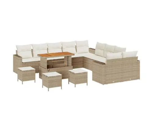 14 Daļu Dārza Dīvānu Komplekts Ar Spilveniem Bēšā Polijas Rotangā Un Akācijas Kokā Vidaxl