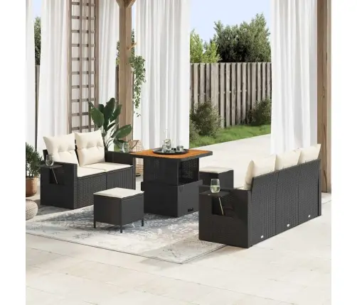 8 Daļu Dārza Dīvānu Komplekts Ar Spilveniem Melnā Poli Rattanā Un Akācijā Vidaxl