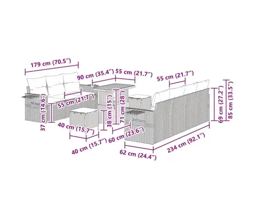 10 Daļu Dārza Dīvānu Komplekts Ar Spilveniem, Pelēks Polirattans, Akācija Vidaxl