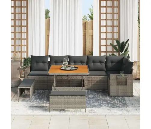 9 Gab. Dārza Dīvānu Komplekts Ar Spilveniem Pelēkā Poli Rotangpalmas Akācijā Vidaxl