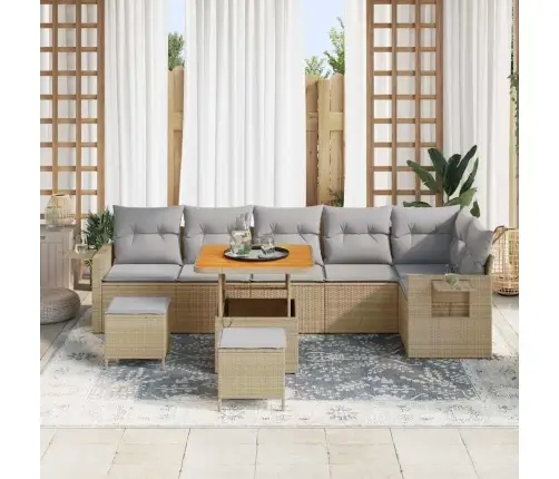 9 Gabalu Dārza Dīvānu Komplekts Ar Spilveniem Bēšas Poli Rotangpalmas Akācijas Vidaxl