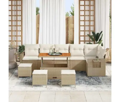 10 Gabalu Dārza Dīvānu Komplekts Ar Spilveniem Bēšs Poli Rotangpalma Akāciju Vidaxl