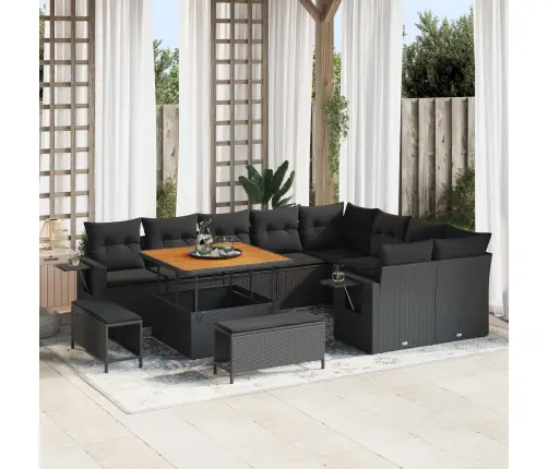 12 Daļu Dārza Dīvānu Komplekts Ar Spilveniem Melnā Poliratanā, Akācija Vidaxl