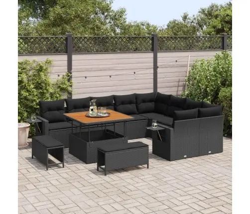 12 Daļu Dārza Dīvānu Komplekts Ar Spilveniem Melnā Poliratanā, Akācija Vidaxl