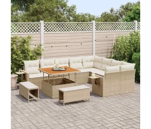 12 Daļu Dīvānu Komplekts Ar Spilveniem Bēšā Polyrattanā Un Akācijā Vidaxl