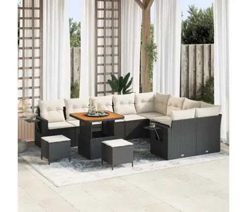 12 Daļu Dārza Dīvānu Komplekts Ar Spilveniem Melnā Poliratinā Un Akācijas Koks Vidaxl