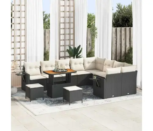 12 Daļu Dārza Dīvānu Komplekts Ar Spilveniem Melnā Poliratanā Un Akācijā Vidaxl