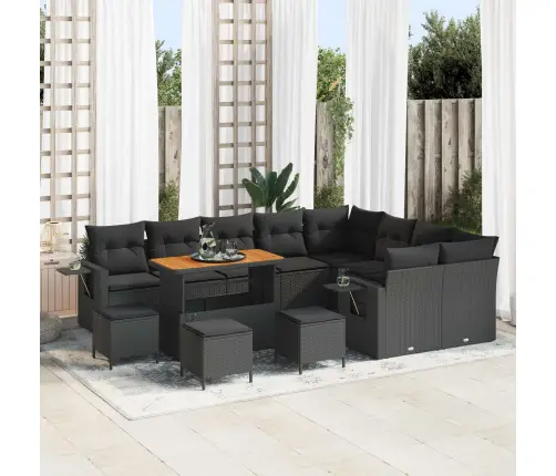 13 Daļu Dārza Dīvānu Komplekts Ar Spilveniem Melnā Polirātā Un Akācijā Vidaxl