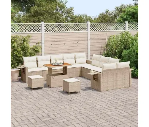 13 Daļu Dārza Dīvānu Komplekts Ar Spilveniem Bēšā Poli Ratanā Un Akācijā Vidaxl