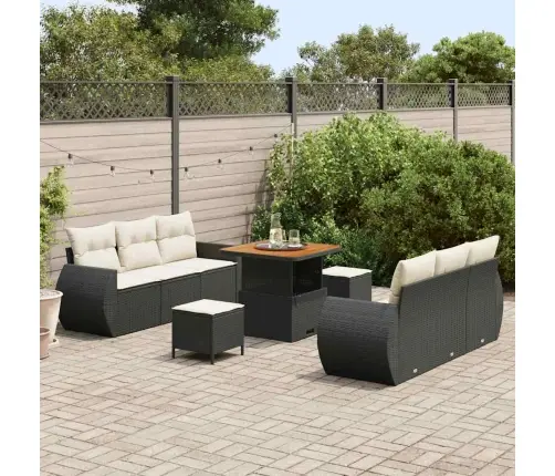 9 Daļu Dārza Dīvānu Komplekts Ar Spilveniem, Melns Polirattans, Akācija. Vidaxl