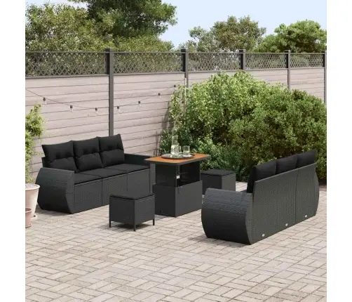 9 Daļu Dārza Dīvānu Komplekts Ar Spilveniem Melnā Poliratanā, Akācijas Koks. Vidaxl