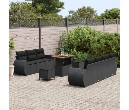 10 Gabalu Dārza Dīvānu Komplekts Ar Spilveniem, Melns Poli Ratanis Un Akāciju Koks. Vidaxl