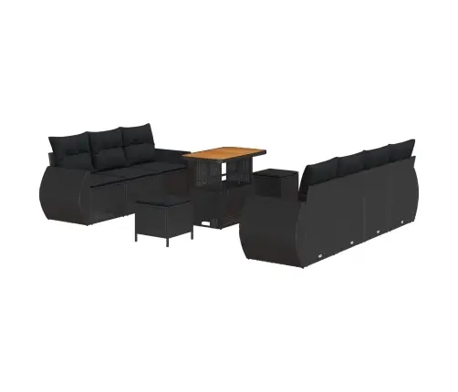 10 Gabalu Dārza Dīvānu Komplekts Ar Spilveniem, Melns Poli Ratanis Un Akāciju Koks. Vidaxl