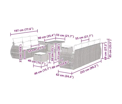 10 Gabalu Dārza Dīvānu Komplekts Ar Spilveniem, Melns Poli Ratanis Un Akāciju Koks. Vidaxl