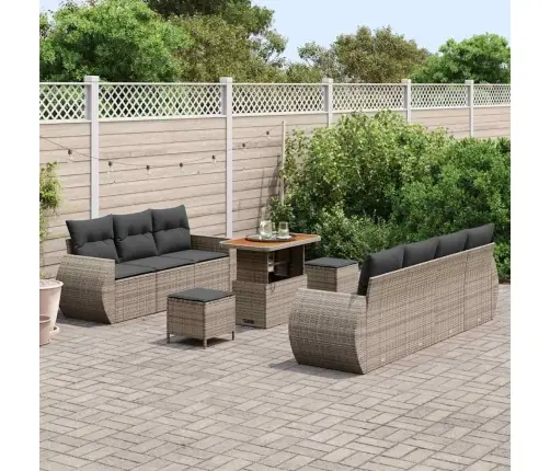 10 Daļu Dārza Dīvānu Komplekts Ar Spilveniem Pelēkā Polirattanā Un Akācijas Kokā Vidaxl