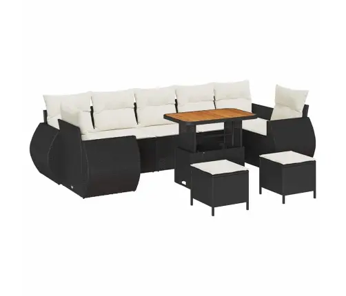 10 Daļu Dārza Dīvānu Komplekts Ar Spilveniem Melnā Polirattanā Un Akācijas Koku Vidaxl