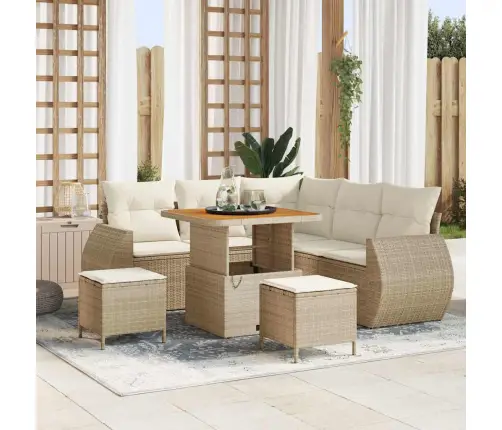 8 Daļu Dārza Dīvānu Komplekts Ar Bēšiem Spilveniem Poli Ratanā Un Akāciju Vidaxl