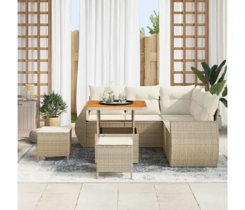 8 Daļu Dārza Dīvānu Komplekts Ar Bēšiem Spilveniem Poli Ratanā Un Akāciju Vidaxl