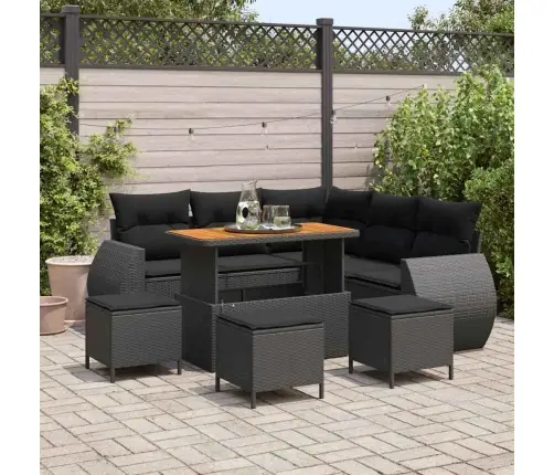 9 Daļu Dārza Dīvānu Komplekts Ar Spilveniem Melnā Poliratanā, Akācijas Koks Vidaxl