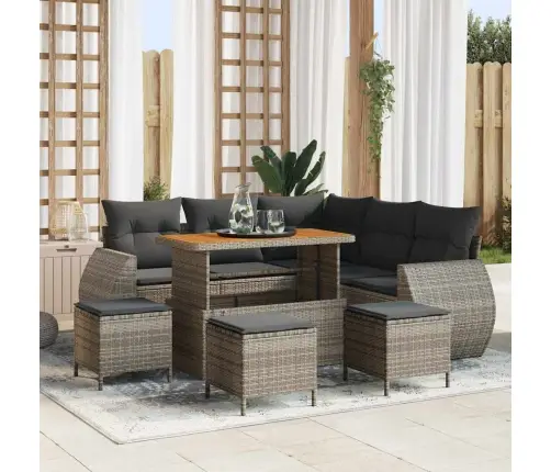 9 Daļu Dārza Dīvānu Komplekts Ar Spilveniem Pelēkā Polirattanā Un Akacijas Koka Vidaxl