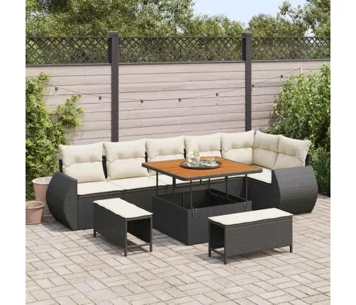 9 Daļu Dārza Dīvānu Komplekts Ar Spilvendrānām, Melnu Polirattan Un Akāciju. Vidaxl