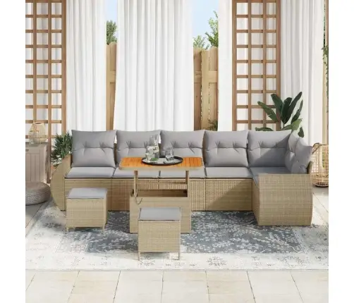 9 Daļu Dārza Dīvānu Komplekts Ar Spilveniem Bēšā Polirattanā Un Akācija Vidaxl