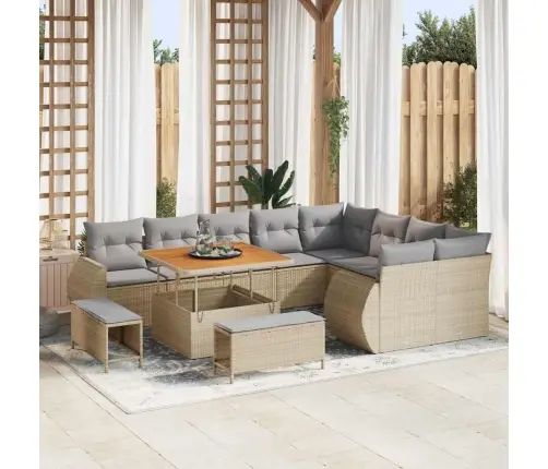 12 Daļu Dārza Dīvānu Komplekts Ar Spilveniem Bēšā Polirattanā Un Akacijos. Vidaxl