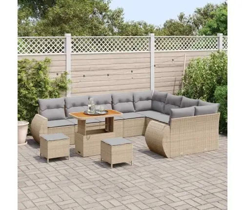 12 Daļu Dārza Dīvānu Komplekts Ar Spilveniem Bēšā Poliratanā Un Akācijas Koka Detaļām. Vidaxl