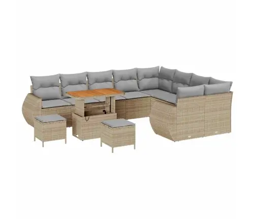 12 Daļu Dārza Dīvānu Komplekts Ar Spilveniem Bēšā Poliratanā Un Akācijas Koka Detaļām. Vidaxl