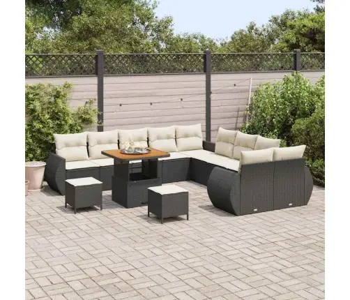 13 Daļīgu Dārza Dīvānu Komplekts Ar Spilveniem Melnā Polirattanā, Akācijā. Vidaxl