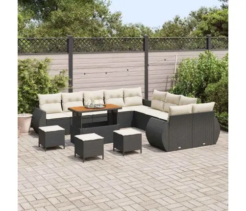 14 Daļu Dārza Dīvānu Komplekts Ar Spilveniem, Melnā Polirattanā, Akācija Vidaxl